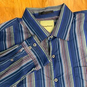 Tommy Bahama Mens Size XXL Blue Striped Long Sleeve 100% Cotton Button Up Shirt